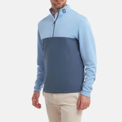 FootJoy Colour Blocked Chill-Out 1/2 Zip Golf Pullover -Calla Golf Club Shop FootJoy SS22 Colour Blocked Chill Out 1 2 Zip Golf Sweater Dusk Blue Ink 88402 model 1