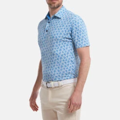 FootJoy Shadow Palm Print Pique Golf Polo Shirt 9 FootJoy Shadow Palm Print Pique Golf Polo Shirt -Calla Golf Club Shop FootJoy SS22 Shadow Palm Print Pique Golf Polo Shirt Dove Grey Royal 88376 model 1