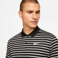 Nike Dry Victory Stripe Golf Polo Shirt -Calla Golf Club Shop Nike SS22 Dry Victory Stripe Golf Polo Shirt DH0829 010 M Black White model 2